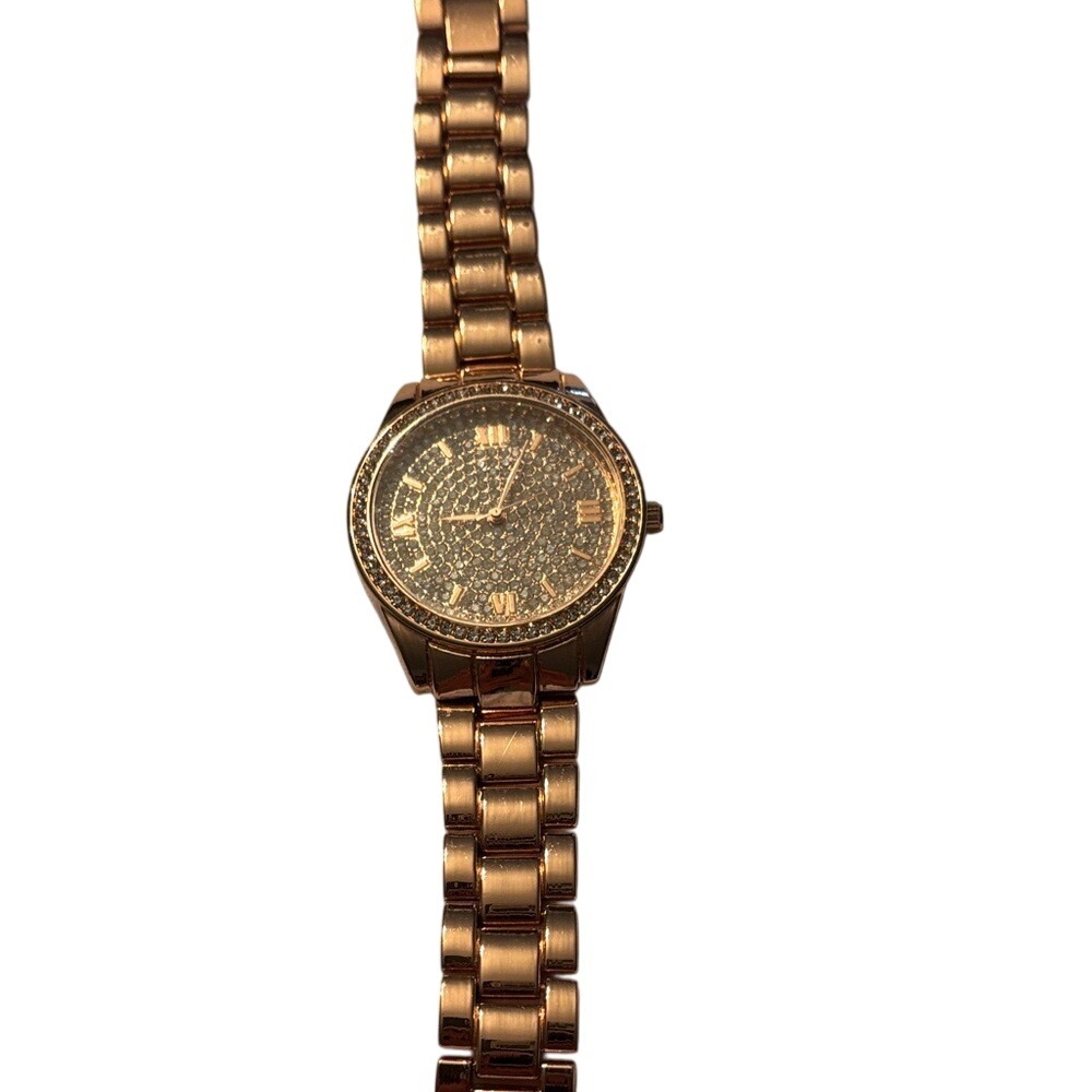 Accutime Rose Gold Pave Rhinestone Link Bracelet Watch WAC8302KL Japan Movement